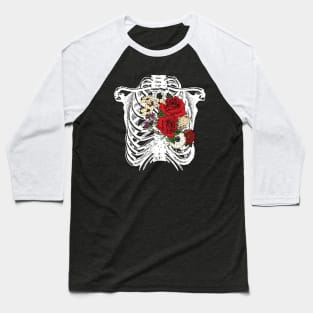 Skeleton Chest with Flowers Heart Baseball T-Shirt